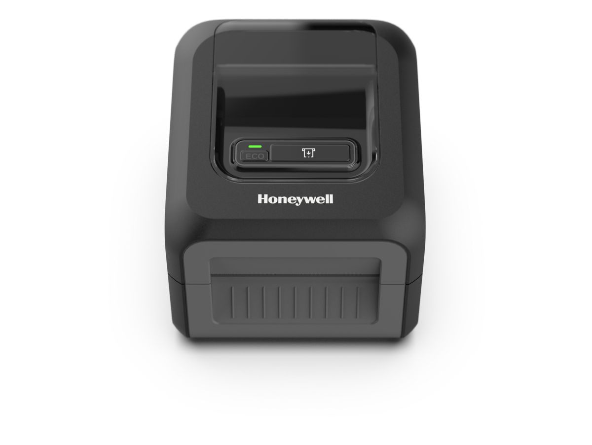 Honeywell PC42E-D 4-inch direct thermal desktop label printer, black, 203 dpi, media-low sensor (PC42EDB021200) – front view, black
