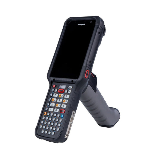 Honeywell CK67 ultra-rugged Android mobile computer, 51-key alphanumeric keypad, FlexRange extended range 2D imager, 5G + Wi-Fi (CK67-X1N-5ES1A0G) – angled view with scan handle