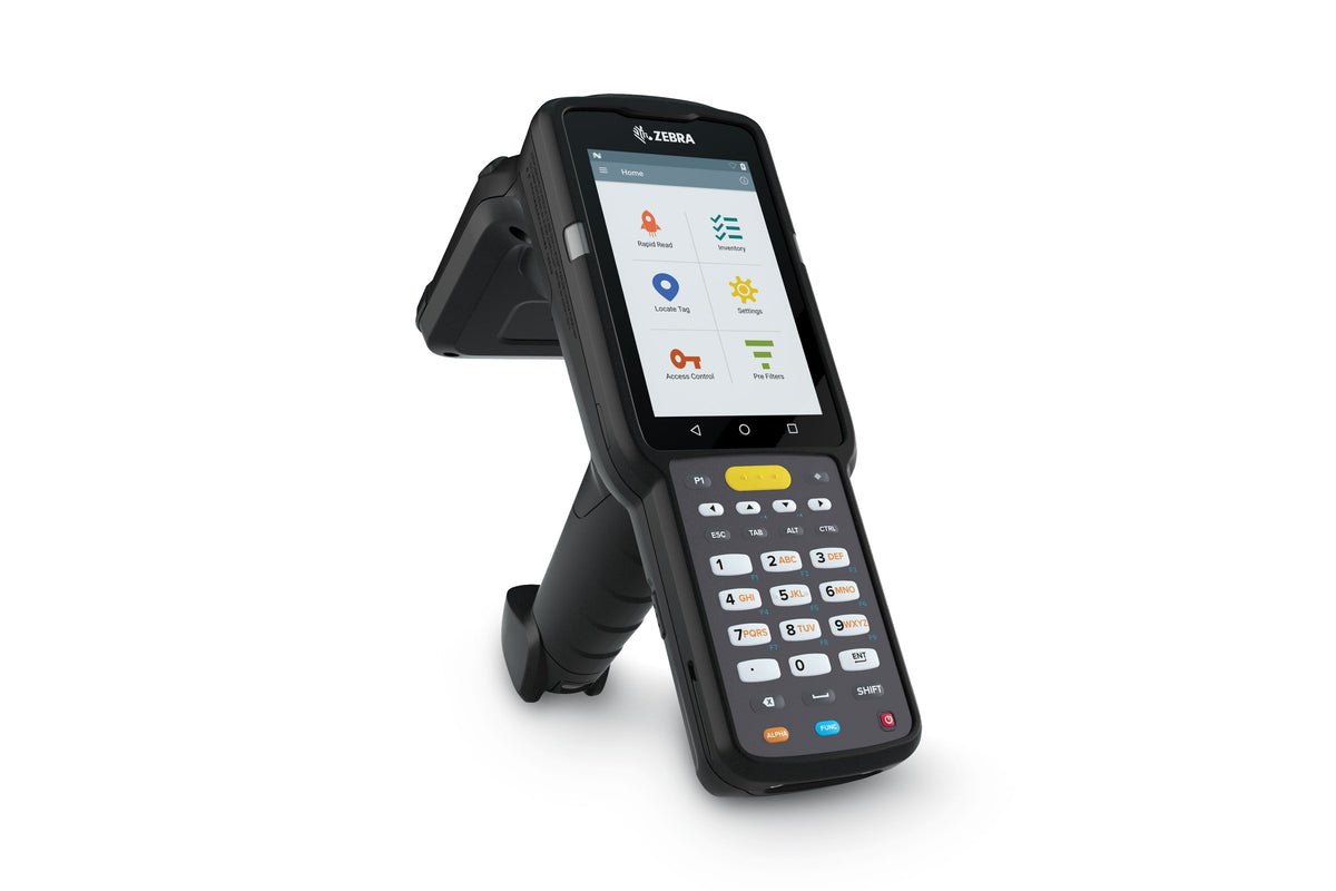 Zebra MC3330xR rugged keypad mobile computer, integrated UHF RFID reader, pistol grip, 29-key numeric keypad (MC333U-GJ2EG4EU) – side view with RFID antenna