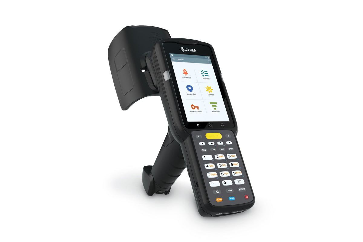 Zebra MC3390xR rugged keypad mobile computer, integrated UHF RFID reader, pistol grip, 29-key numeric keypad (MC339U-GE2EG4EU) – side view with RFID antenna