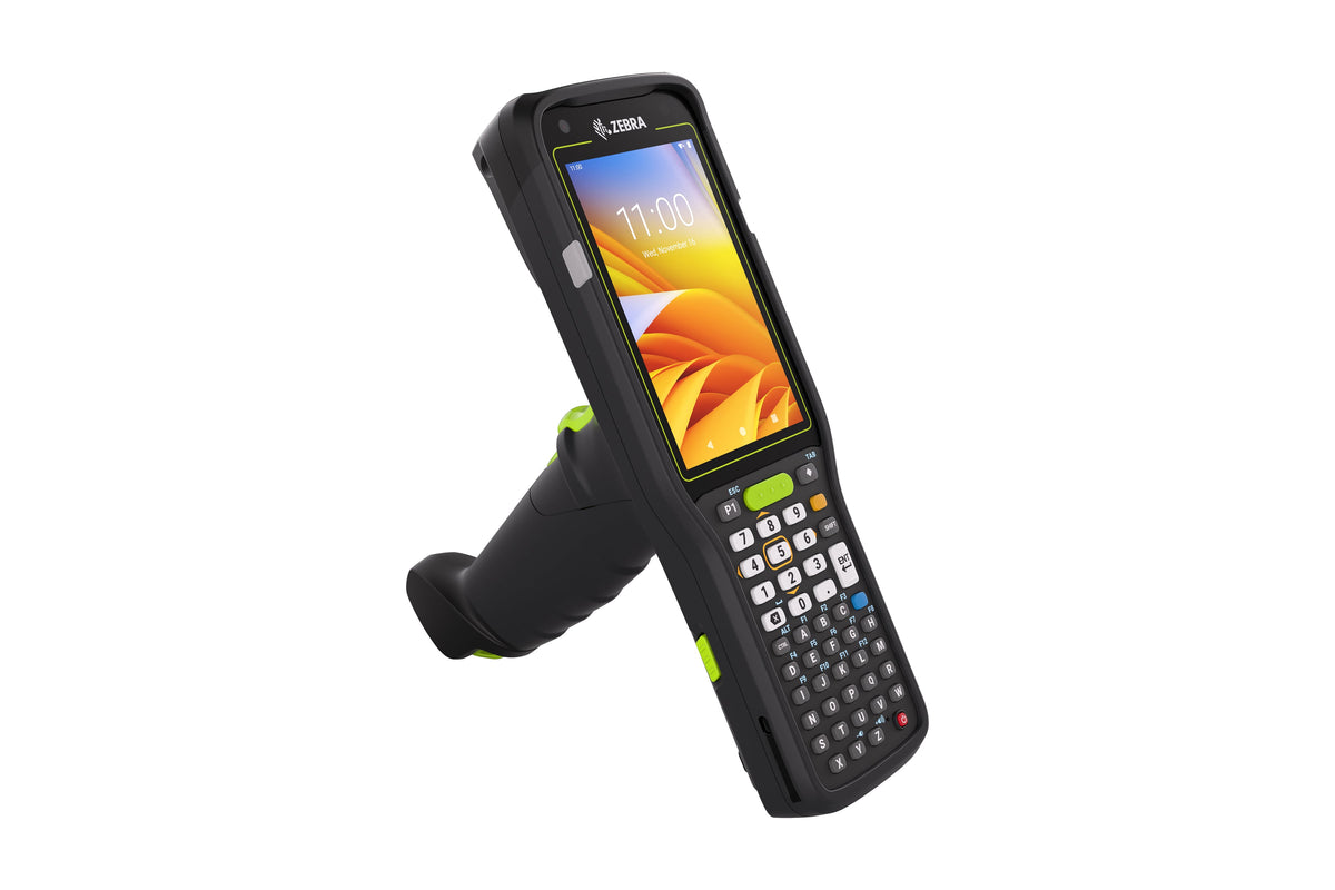 Zebra MC3400 rugged keypad mobile computer, pistol grip, 47-key alphanumeric keypad (MC3401-0G1J54SS-A6) – angled front view