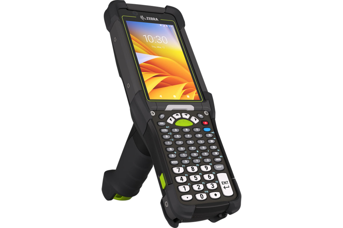 Zebra MC9450 rugged 5G keypad mobile computer, pistol grip, 53-key standard alphanumeric keypad (MC945B-3G1R6DSS-A6) – angled front view