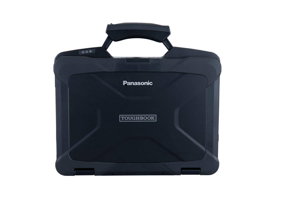 Panasonic TOUGHBOOK 40 mk2 (Core Ultra 7, UK keyboard, 5G) closed, IP66 magnesium-alloy rugged chassis with carry handle