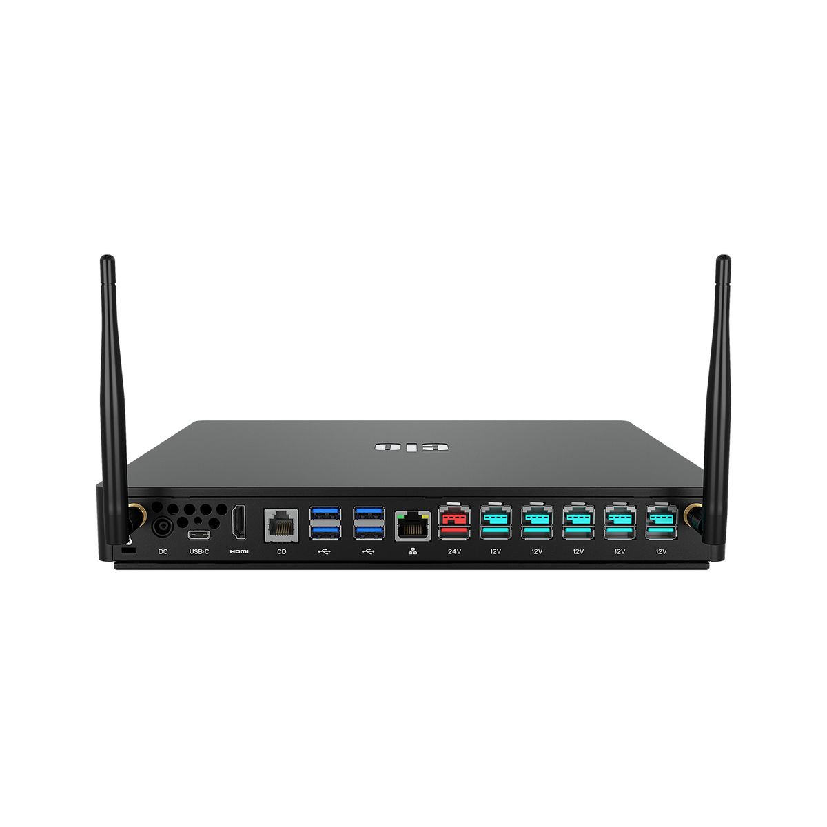 Elo EloPOS Pack 2 booksize POS PC with Wi-Fi antennas, front view, black