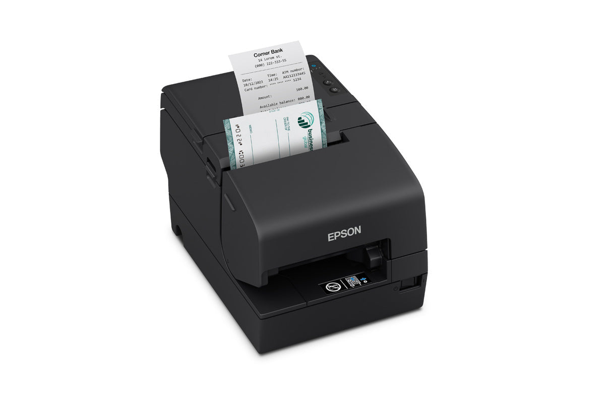 Epson TM-H6000VI hybrid multifunction POS receipt printer with MICR, black, Powered USB (C31CL25116B1) – printing a receipt