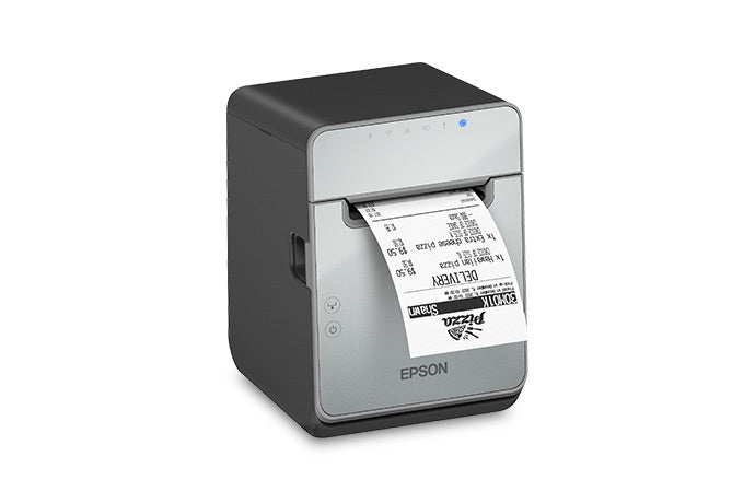 Epson TM-L100 liner-free label and receipt printer, black, USB + Ethernet + serial, UK plug (C31CJ52103A0) – right 3/4 view with receipt