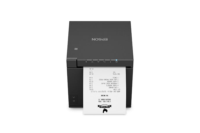 Epson TM-m50II compact POS receipt printer, black, serial + USB + Ethernet (C31CK52102) – front view with receipt