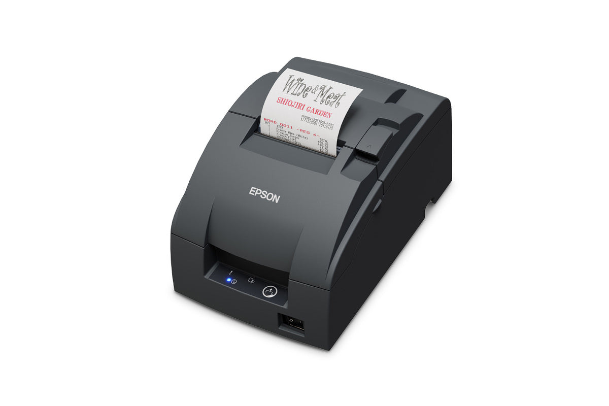 Epson TM-U220IIB impact dot matrix POS receipt printer with autocutter, dark grey (Epson Dark Grey), serial (C31CL27102F0) – left 3/4 view with receipt