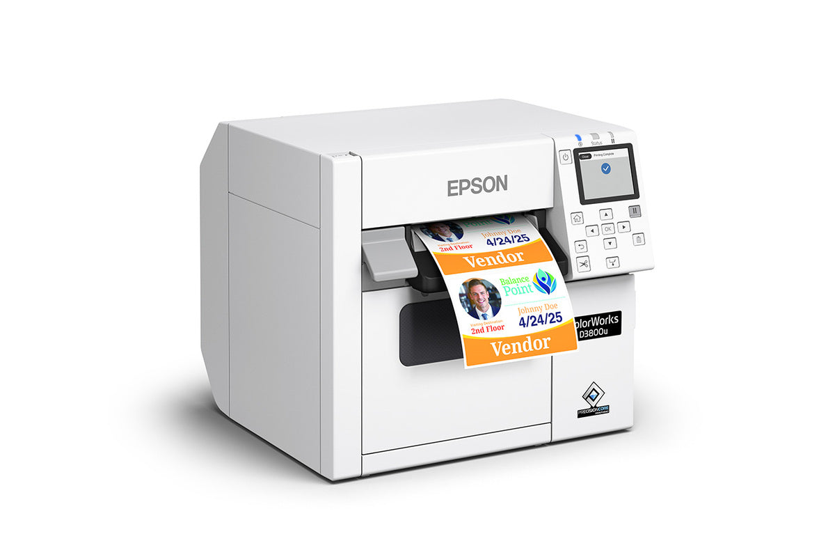 Epson ColorWorks D3800e colour label printer, 4-inch dye-ink, auto cutter, 600 x 1200 dpi, inkjet (C31CK03202) – angled right view