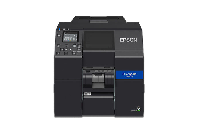 Epson ColorWorks C6000Pe colour label printer, 4-inch, peel-and-present, matte black ink, 1200 x 1200 dpi, inkjet (C31CH76202MK) – head-on view