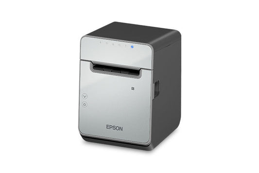 Epson TM-L100 liner-free label and receipt printer, black, USB + Ethernet + Bluetooth (C31CJ52121) – left 3/4 view