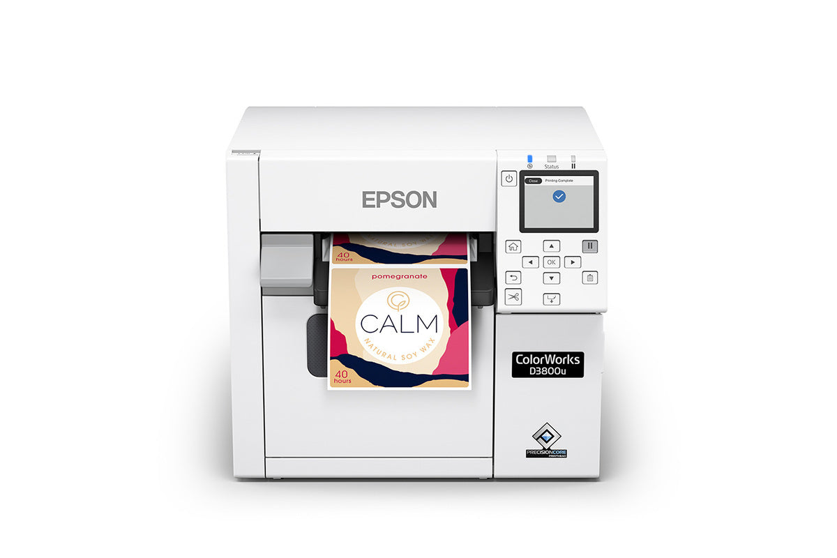 Epson ColorWorks D3800e colour label printer, 4-inch dye-ink, auto cutter, 600 x 1200 dpi, inkjet (C31CK03202) – front view with printed label