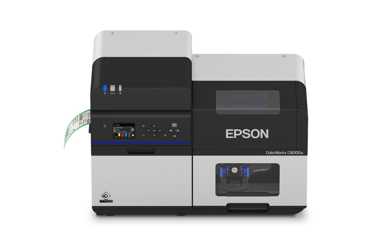 Epson ColorWorks C8000 colour label printer, high-speed 4-inch, auto cutter, gloss black ink, 1200 x 600 dpi, inkjet (C31CL02102BK) – front view with label output