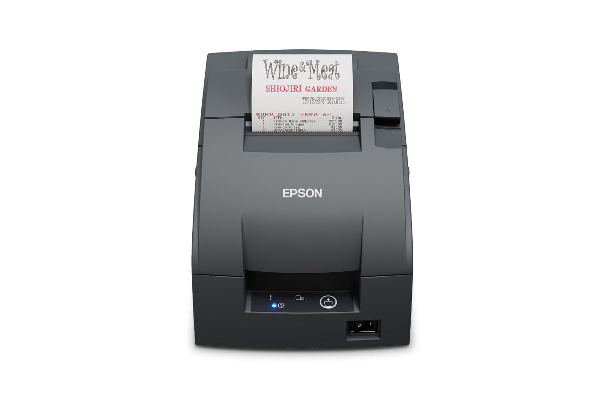 Epson TM-U220IIB impact dot matrix POS receipt printer with autocutter, dark grey (Epson Dark Grey), parallel (C31CL27102P0) – front view printing a receipt