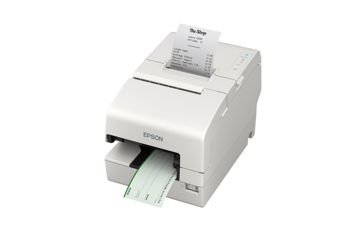Epson TM-H6000VI hybrid multifunction POS receipt printer, white, serial (C31CL25101) – processing a cheque and printing a receipt