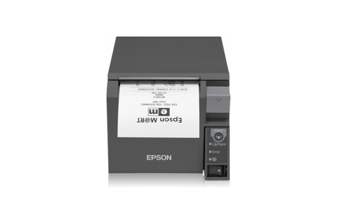 Epson TM-T70II front-loading POS receipt printer, dark grey, serial + USB, UK plug (C31CD38032A0) – front view