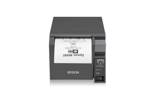 Epson TM-T70II front-loading POS receipt printer, dark grey, serial + USB, UK plug (C31CD38032A0) – front view