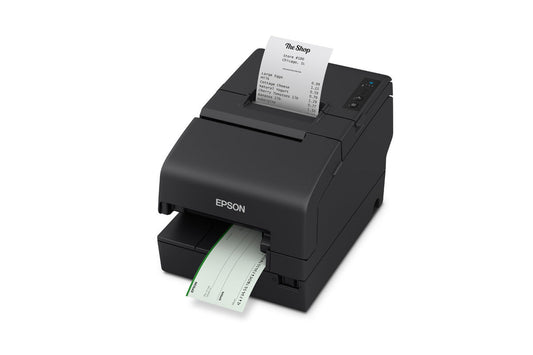 Epson TM-H6000VI hybrid multifunction POS receipt printer with MICR and endorsement, black, serial (C31CL25132) – processing a cheque and printing a receipt