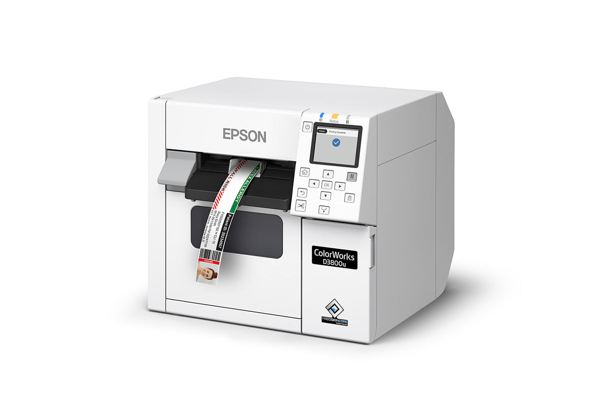 Epson ColorWorks D3800e colour label printer, 4-inch dye-ink, auto cutter, 600 x 1200 dpi, inkjet (C31CK03202) – angled left view with label output