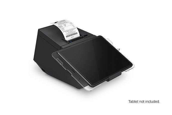 Epson TM-m30II-SL all-in-one POS receipt printer with built-in tablet mount, black (C31CH63512) – right 3/4 view with small tablet