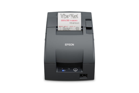 Epson TM-U220IIB impact dot matrix POS receipt printer with autocutter, dark grey (Epson Dark Grey), serial (C31CL27102) – front view printing a receipt