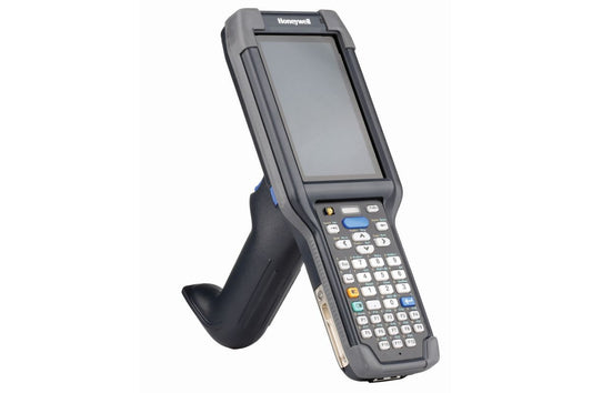 Honeywell CK65 rugged Android mobile computer, 38-key numeric-function keypad, 6803FR 2D imager, Wi-Fi only (CK65-L0N-D8C214E) – angled view with scan handle