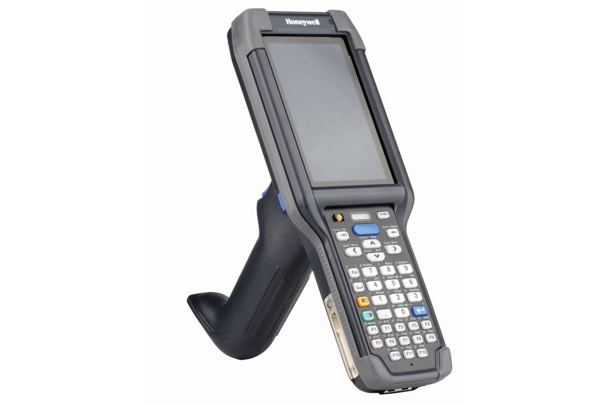 Honeywell CK65 rugged Android mobile computer, 38-key numeric-function keypad, long range FlexRange 2D imager, Wi-Fi only (CK65-L0N-DLC210E) – angled view with scan handle