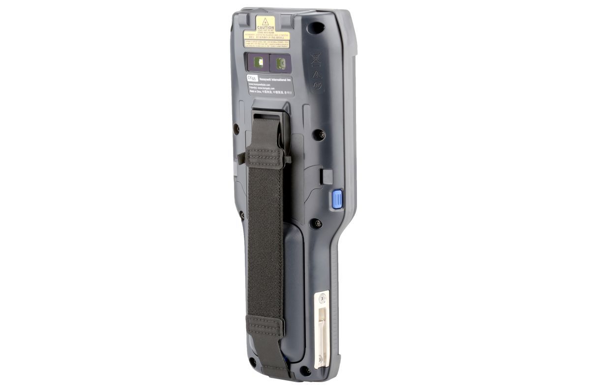 Honeywell CK65 rugged Android mobile computer, 51-key alphanumeric keypad, long range FlexRange 2D imager, Wi-Fi only (CK65-L0N-BLC210E) – back view with hand strap