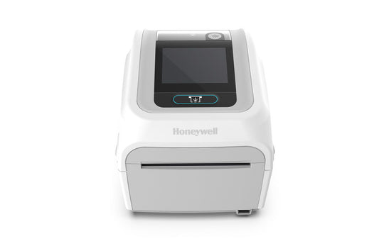 Honeywell PC45d Healthcare (PC45-HC) 4-inch direct thermal desktop label printer, white disinfectant-ready housing, 203 dpi (PC45D100000200) – front view, white healthcare housing