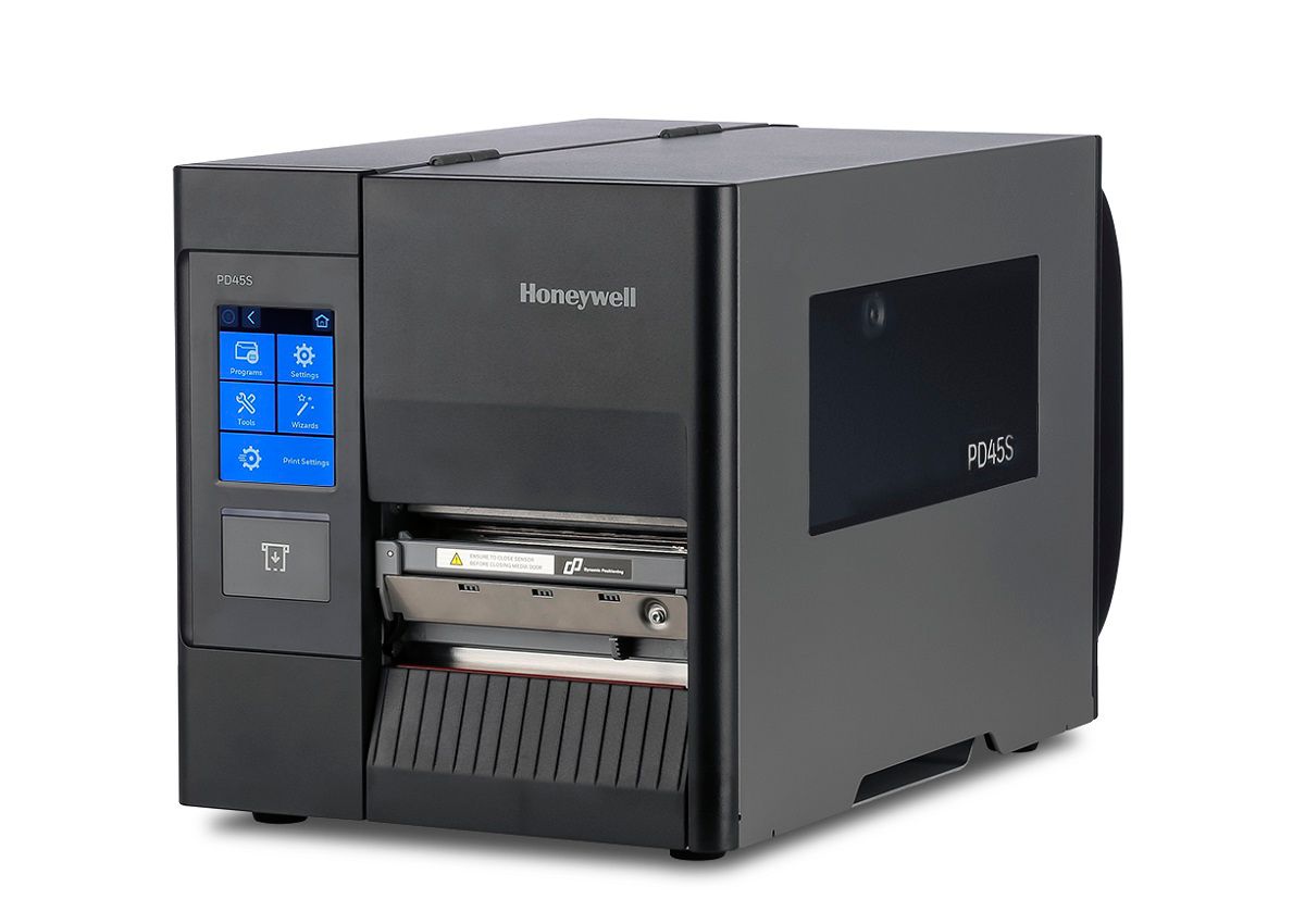 Honeywell PD45S industrial label printer, 3.5-inch colour touchscreen, tear bar, 300 dpi, thermal transfer (PD45S0FE010000300) – angled left view