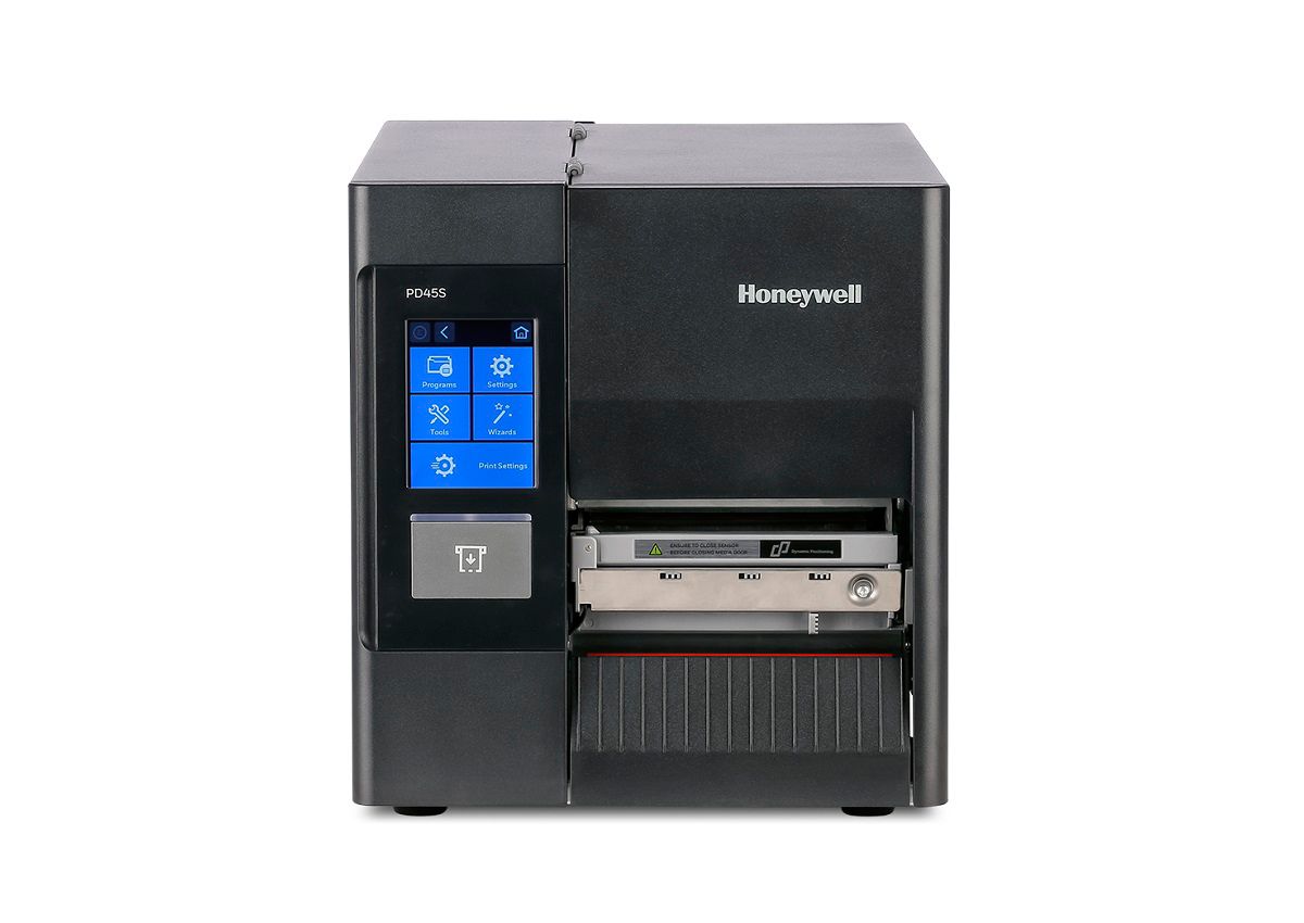 Honeywell PD45S1F industrial label printer, 3.5-inch colour touchscreen, tear bar, 203 dpi, thermal transfer (PD45S1FE010000200) – front view