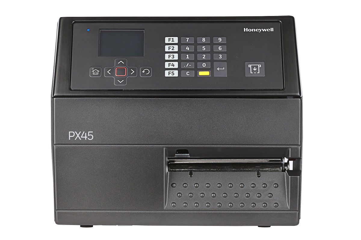 Honeywell PX45 industrial label printer, LCD display with keypad, tear bar, 300 dpi, thermal transfer (PX45A00000000300) – front view