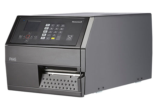 Honeywell PX45 industrial label printer, LCD display with keypad, tear bar, parallel port, 406 dpi, thermal transfer (PX45A00010000400) – left angled view