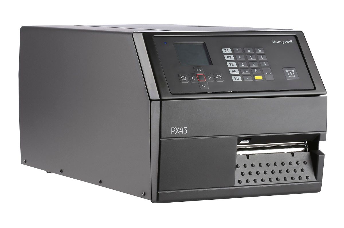 Honeywell PX45 industrial label printer, LCD display with keypad, tear bar, Wi-Fi, 203 dpi, thermal transfer (PX45A02000000200) – right angled view