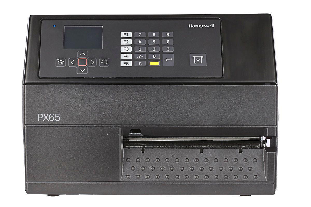 Honeywell PX65 industrial label printer, LCD display with keypad, tear bar, Wi-Fi, 300 dpi, thermal transfer (PX65A02000000300) – front view