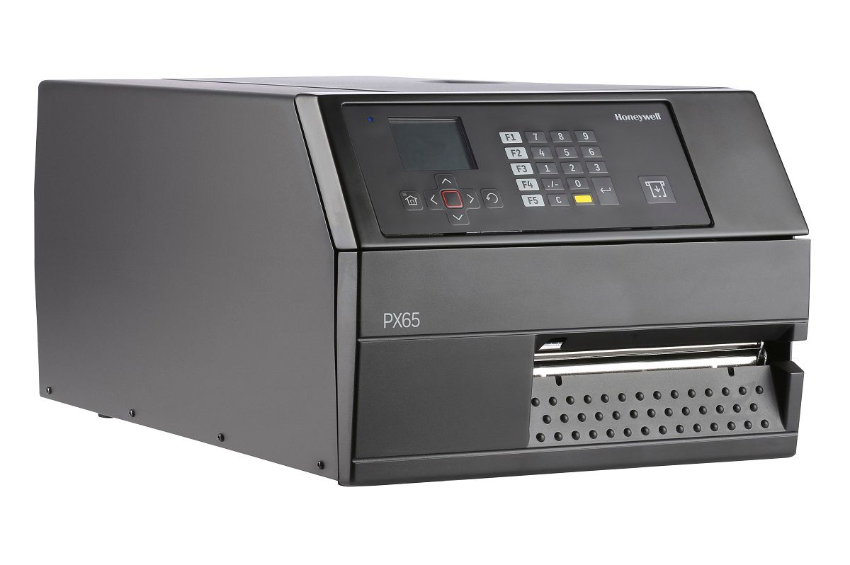 Honeywell PX65 industrial label printer, LCD display with keypad, tear bar, 203 dpi, thermal transfer (PX65A00000000200) – right angled view