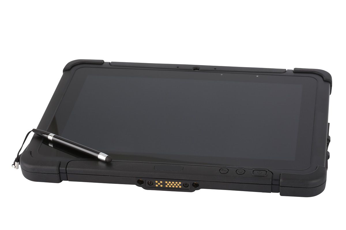 Honeywell RT10A 10.1" rugged Android tablet with N6703 standard-range imager, Wi-Fi (RT10A-L0N-27C12S2E) – angled view with stylus