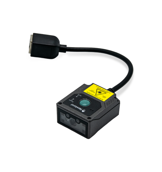 Newland FM430 Barracuda fixed-mount 2D scanner, green LED aimer, short USB kit (NLS-FM430-00) – 3/4 view with attached cable