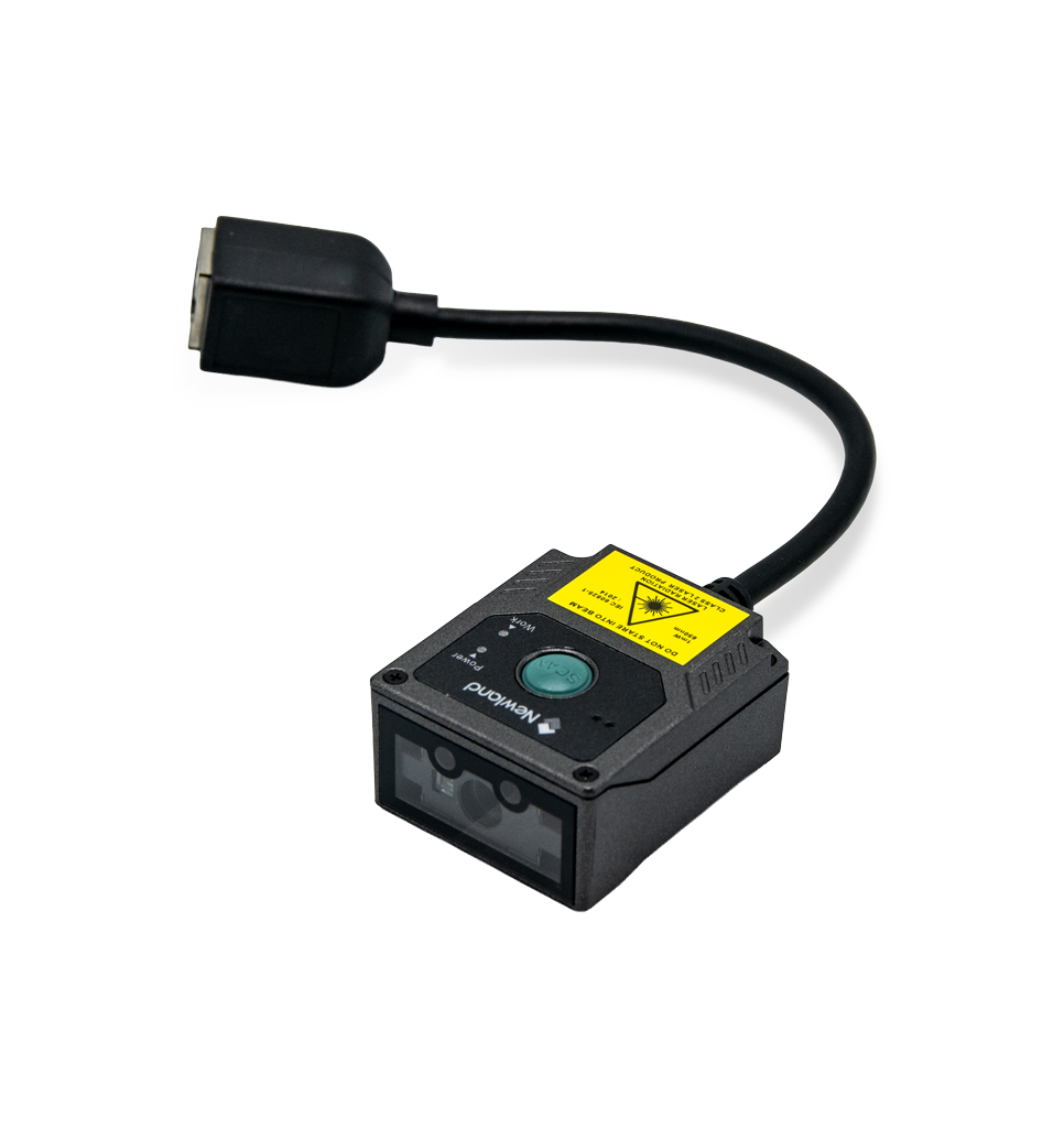 Newland FM430 Barracuda fixed-mount 2D scanner, green LED aimer, USB kit (NLS-FM430-U) – 3/4 view with attached cable