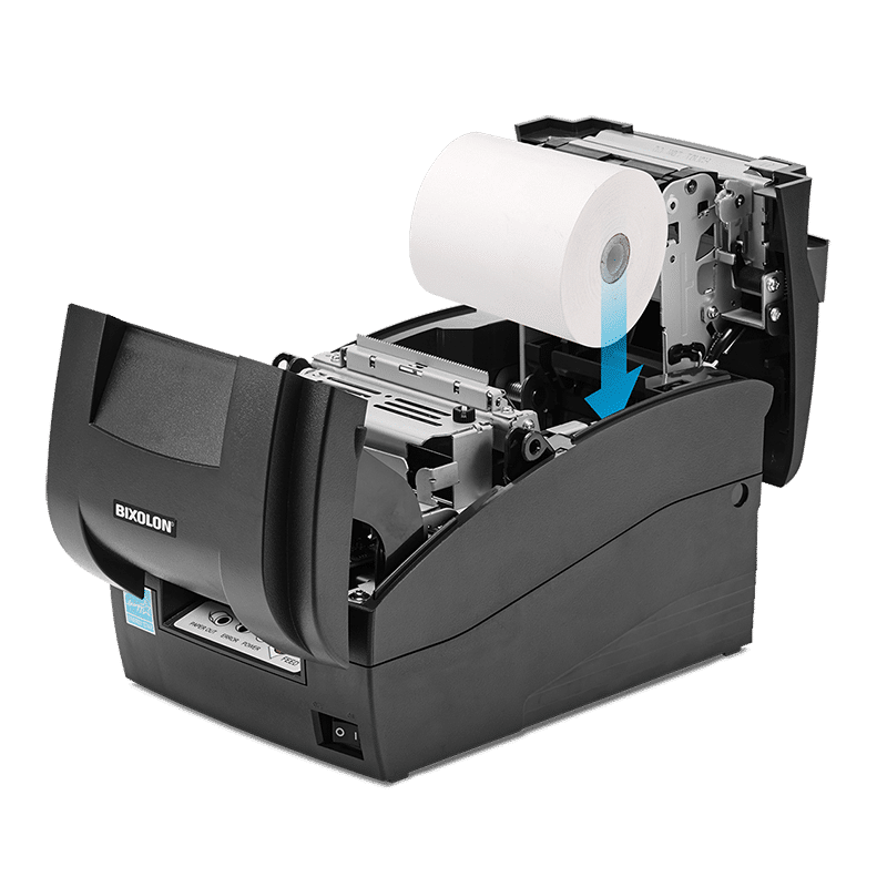 Bixolon SRP-275III dot matrix (impact) receipt printer, tear bar, USB + serial, dark grey (SRP-275IIICOSG/BEG) – cover open for easy paper loading
