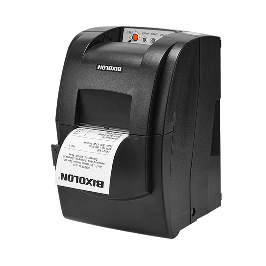 Bixolon SRP-275III dot matrix (impact) receipt printer, auto-cutter, USB + serial, dark grey (SRP-275IIIV2AOSG/BEG) – front view with receipt