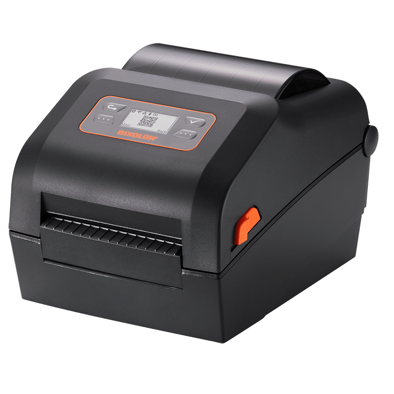 BIXOLON XD5-43d 4-inch direct thermal desktop label printer, black (XD5-43dEWK) – front view with LCD