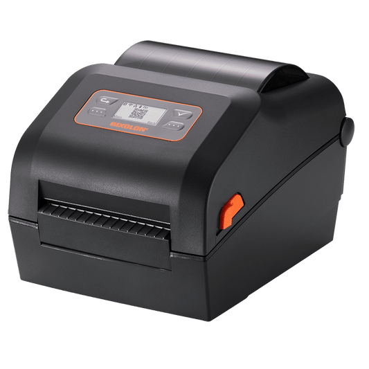 BIXOLON XD5-43d 4-inch direct thermal desktop label printer, black (XD5-43dEWK) – front view with LCD