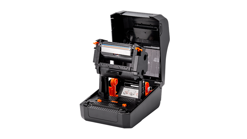 BIXOLON XD5-43t 4-inch thermal transfer desktop label printer, black (XD5-43tEWK/BEG) – open cover, ribbon mechanism