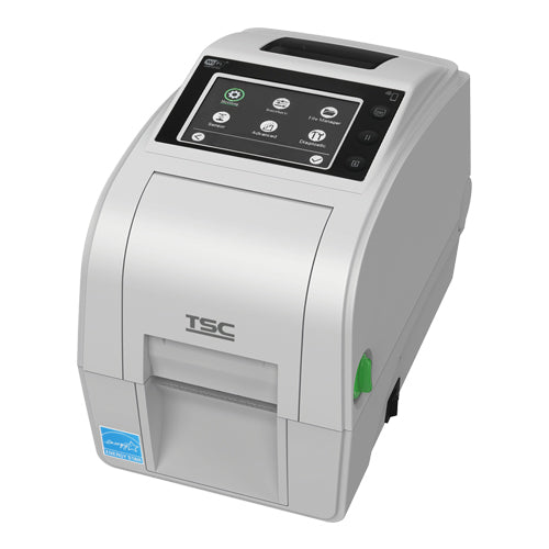 TSC TH320THC 2-inch healthcare desktop thermal transfer label printer, 300 dpi, white (TH320HC-A001-0002) – front 3/4 view, touch display