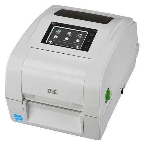 TSC TH340RHC 4-inch healthcare desktop UHF RFID label printer, 300 dpi, touch display, white (TH340RHC-A001-0002) – angled view