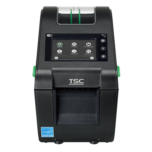 TSC DH220LT 2-inch direct thermal desktop label printer, 203 dpi, touch display, peeler, Wi-Fi + Bluetooth, black (DH220L-A001-0112) – angled view
