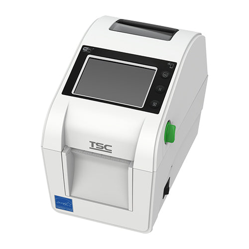 TSC DH220LHC healthcare desktop label printer, white, touch LCD, tear-off, Bluetooth (DH220LHC-A001-0202) – angled view