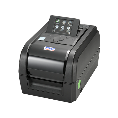 TSC TX310 4-inch desktop thermal transfer label printer, 300 dpi, colour LCD, black (TX310-A001-1202) – angled view