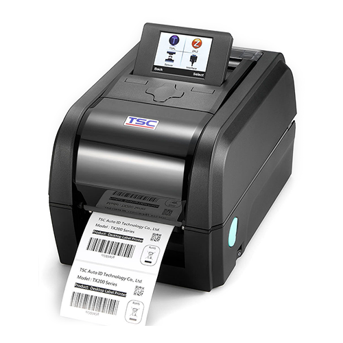 TSC TX310 4-inch desktop thermal transfer label printer, 300 dpi, LED, black (TX310-A001-1303) – angled view